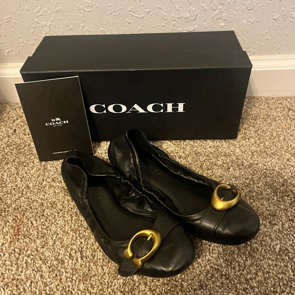 Coach Stanton Black Flats with Brass Buckle - Picture 1 of 6
